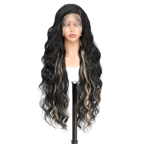 X-TRESS 32Inch Blonde Highlight Synthetic Lace Front Wig for Women Heat Resistant Fibre Glueless Lace Front Synthetic Wigs Pre Plucked with Baby Hair Natural Crimps Hair Wigs(#F1B/27)