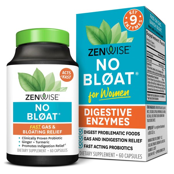 Zenwise Health No Bloat Digestive Enzymes for Gut Health, Gas & Bloating Relief - Multi Enzymes Digestion Supplement with Probiotics, Ginger, Turmeric Dandelion & Lactase - Men & Women - 60 Count