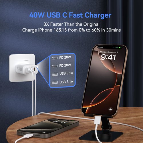 USB C Wall Fast Charger Block, 40W 4-Port Type C Charger Fast Charging Blocks PD Power Charger Adapter+QC 3.0 USB Multiport Charger Brick for iPhone 16/15/14/13/12 Pro Max, iPad, Galaxy S24/23-2Pack