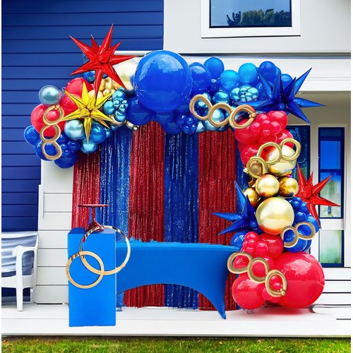Kozee Red Blue Gold Balloon garland arch Kit 130 PCS chrome blue with foil Starburst diy long balloons for kid video game Cartoon Hedgehog theme birthday superhero gamer party decorations