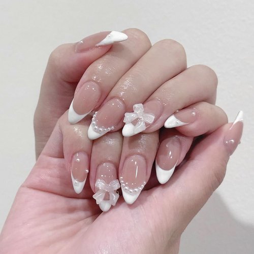 White French Tip Press on Nails Almond Medium Full Cover Nude Fake Nails with Charms Bow Acrylic Nails Stick on Nails Reusable Pearl Shine False Nails for Women Nail Designs Supplies 24 Pcs