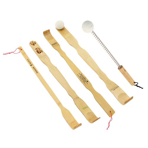 BambooMN 5 Piece Set - 5X Traditional Back Scratcher and Body Relaxation Massager Set for Itching Relief, 100% Bamboo