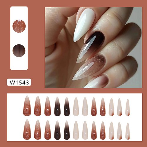 RTKHFZE Almond Shape Press on Nails Long Stiletto Press On False Nails Brown Glitter Fake Nails with Gradient Designs Full Cover Acrylic Nails Stick on Nails for Women Manicure