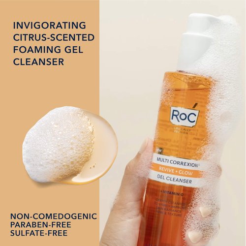 RoC Multi Correxion Revive + Glow Gel Facial Cleanser With Vitamin C, & Glycolic Acid, Paraben-Free, Sulfate-Free Skin Care, Stocking Stuffers for Men & Women, 6 Ounces