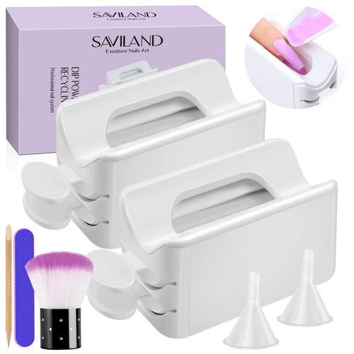 Saviland 2+5PCS Dip Powder Recycling Tray System - Portable Dip Powder Tray Manicure Kit with Scoops, Nail Art Dust Remover Brush, Nail File & Wooden Stick for Professional Home DIY