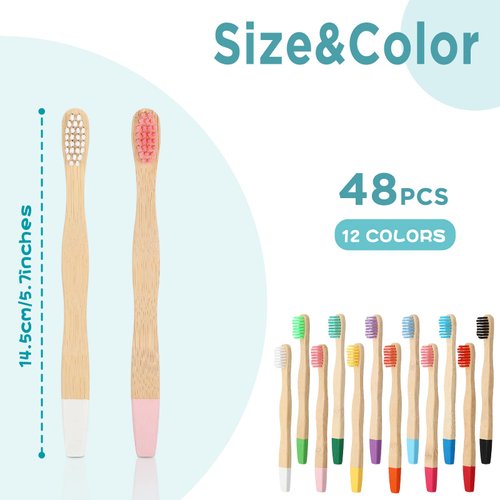 Estune 48 Pcs 5.7 Inch Kids Bamboo Toothbrushes Soft Bristle Toothbrush Individually Wrapped Toddler Toothbrush Manual Tooth Brushes for Kids Adults Home Travel Teeth Oral Supplies, 12 Colors