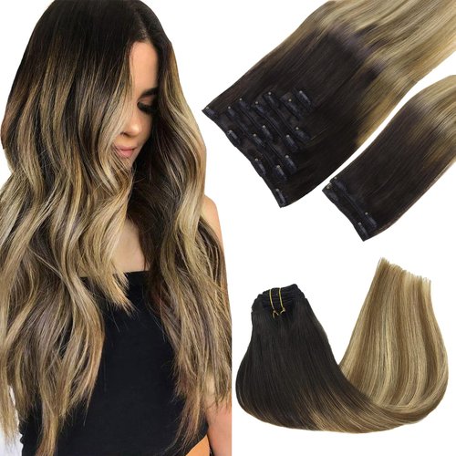 GOO GOO Clip in Hair Extensions Real Human Hair, 16inch 150g 9Pcs, 2/6/18 Balayage Brown to Dirty Blonde, Remy Human Hair Extensions Clip ins for Women, Natural Human Hair