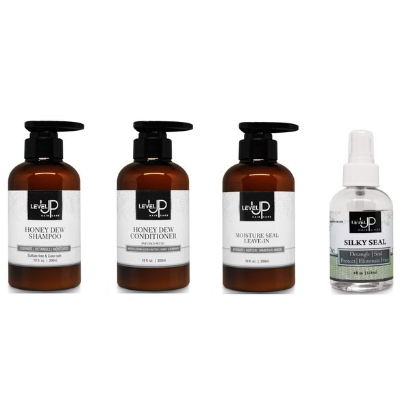 Level Up Haircare Ultimate Package Honey Dew Shampoo and Conditioner with Moisture Seal Leave-In and Silky Seal Safe for All Hair Types and Human Hair Wigs Weaves Extensions