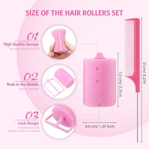 Syhood 48 Pcs Foam Sponge Hair Rollers Soft Sleeping Curlers Flexible Sponge Curler and Rat Tail Comb for Women Hairdressing Styling(Pink,1.57 inch)
