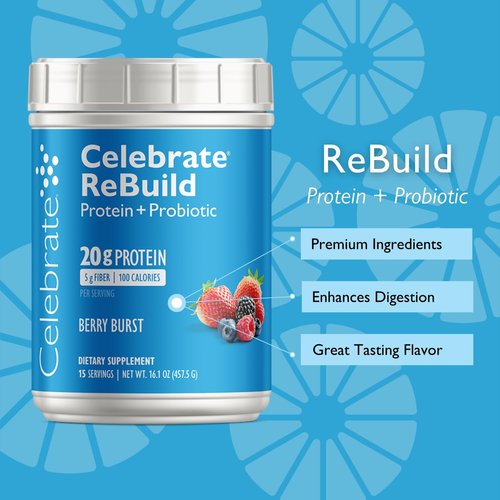 Celebrate Vitamins Rebuild Whey Isolate Protein Powder with Probiotic and Prebiotic, 20g Protein, Gluten Free, Berry Burst,15 Servings