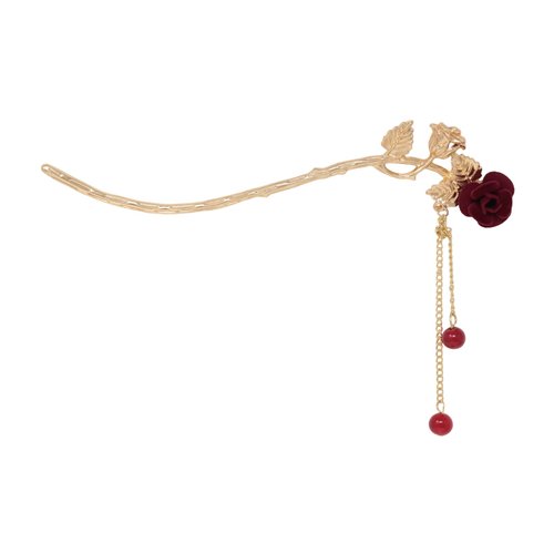 yueton 1Pack Rose Flower Hair Clips Vintage Chinese Style Red Flower Hairpins Unique Curved Hair Pins with Tassel for Women