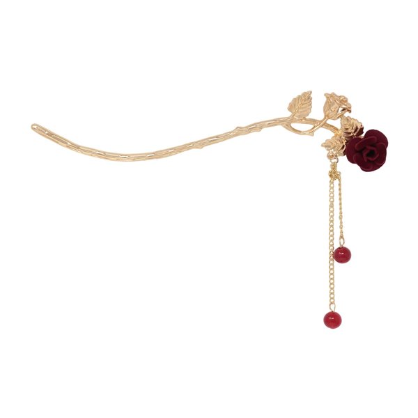 yueton 1Pack Rose Flower Hair Clips Vintage Chinese Style Red Flower Hairpins Unique Curved Hair Pins with Tassel for Women