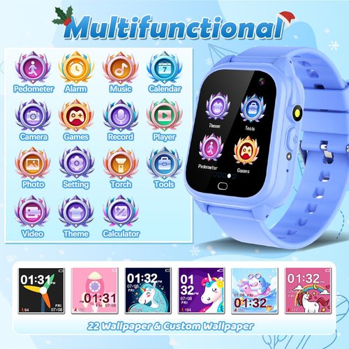 OVV Kids Waterproof Smart Watch with 26 Games 1.44'' Touchscreen HD Camera Pedometer Recorder Music Player Alarm Clock Calculator Educational Wrist Watch for Age 3-10 Girl Boy Learning Toy (blue)