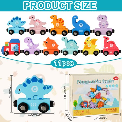 Wooden Train Set Dinosaur Train Toys - Train Toys for Toddlers 3-5, Magnetic Train Matching and Number Learning Color Toys, Montessori Toys Fine Motor Skill Educational Toy for 2 3 4 5 Years Old Kids