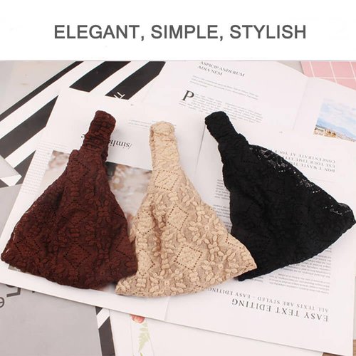 IMMER LIEBEN 3 Pcs Wide Lace Headbands Elastic Head Wrap Stretch Hair Accessories Makeup Headband Elegant Hair Band for Lady Women Girls 3 Colors （Black, Beige, Brown）
