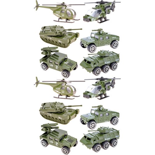 PowerTRC 1.5" Die-Cast Military Vehicles | 12 Pack Variety Army Vehicles | Tank, Truck, Panzer, Anti Air Vehicle, and Helicopters Playset for Kids | Great Gift for Children Or Party Favors