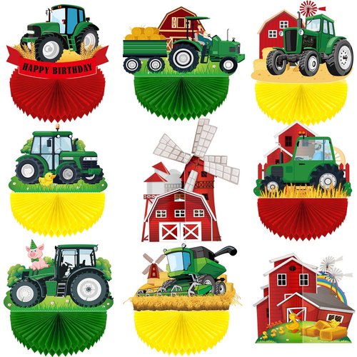 9 Pcs Tractor Honeycomb Table Centerpiece Farm Green Tractor Themed Birthday Party Supplies Tractor Lawn Party Decorations Animal Farmer Table Topper Party Favor for Farmhouse Truck Decor
