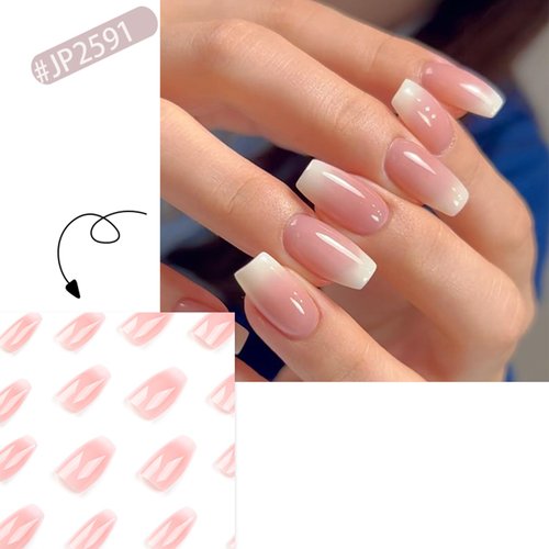 Medium Press on Nails Cute Coffin French Fake Nails Pink White Gradient False Nails Full Cover Natural Acrylic Nails Medium Length Glue on Nails Designs Stick on Nails for Women Girls DIY Manicure