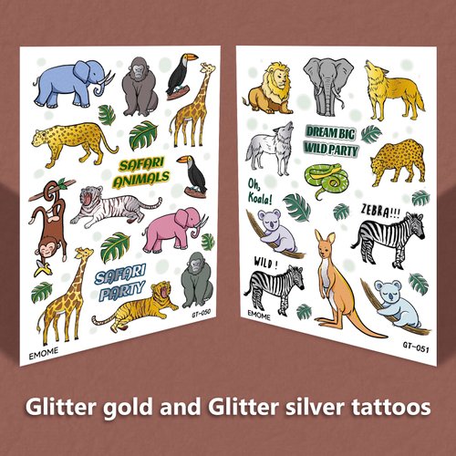 EMOME Jungle Animal Theme Temporary Tattoos for Kid, Kids Tattoo Stickers for Birthday Party Supplies Decorations, Glitter Luminous Temporary Kids Tattoos