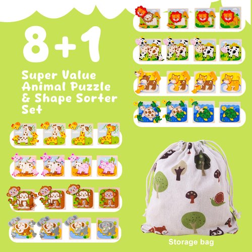 Wooden Puzzle for Toddler 1-3, 8 Pcs Toddler Puzzle Ages 2-4, Baby Animal Puzzle for Toddler, Montessori Puzzles Toys for 1 2 3 Year Old Boy Girl, Learning Preschool Educational Puzzle Toy(8 Pcs)