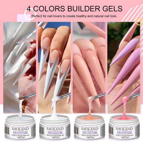 Saviland Builder Nail Gel Kit - 4 Colors Clear Nudes White Pink Hard Gel for Nail Strengthen Nail Extension Gel Kit with 100PCS Nail Forms and Acrylic Nail Brush for Beginners & Professionals