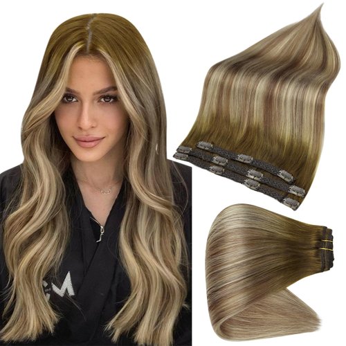 Full Shine Ombre Hair Extensions Clip in Human Hair Dark Brown Roots Ash Brown Mix Medium Blonde Lace Weft Clip in Hair Extensions Balayage Real Human Hair 3Pcs 60 Grams 18 Inch