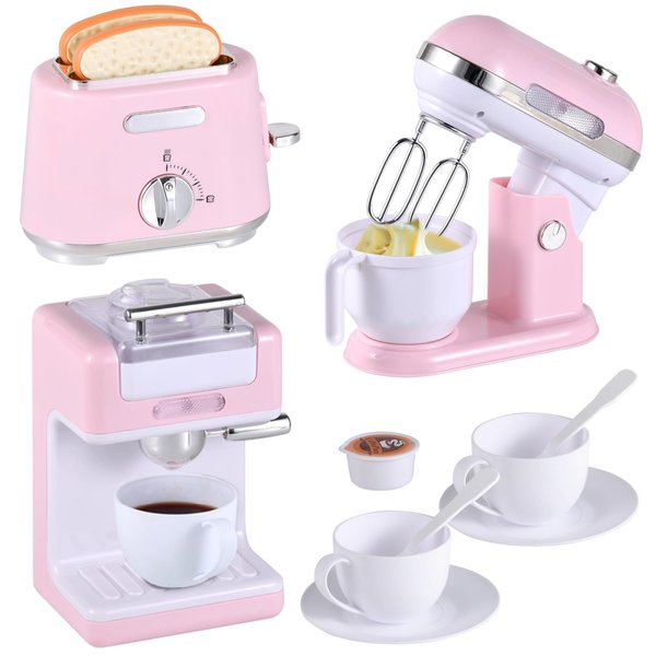 Kitchen Appliances Toys, Play Kitchen Accessories, Toy Kitchen Appliances for Kids, Pretend Kitchen Toys with Coffee Maker, Mixer and Toaster, Toy Kitchen Set Birthday Gift for Kids Ages 3+ (Pink)