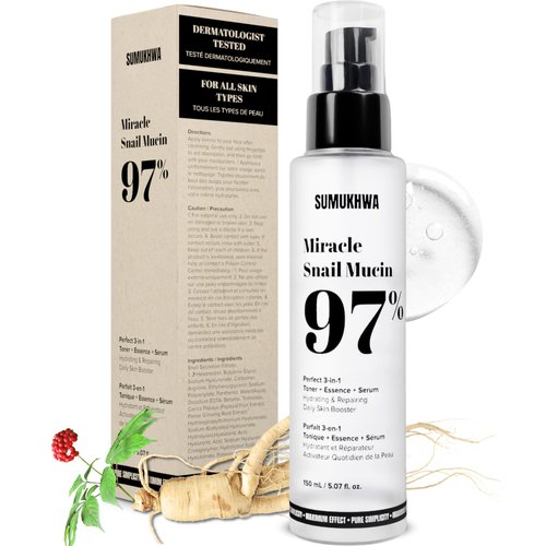 Snail Mucin 97% + Ginseng Essence 5.07 fl.oz 150ml, Hydrating Serum & Toner with Snail & 8 Hyaluronic Acid, Face Moisturizer for Dry Skin, Hydrates & Balances, Korean Skincare