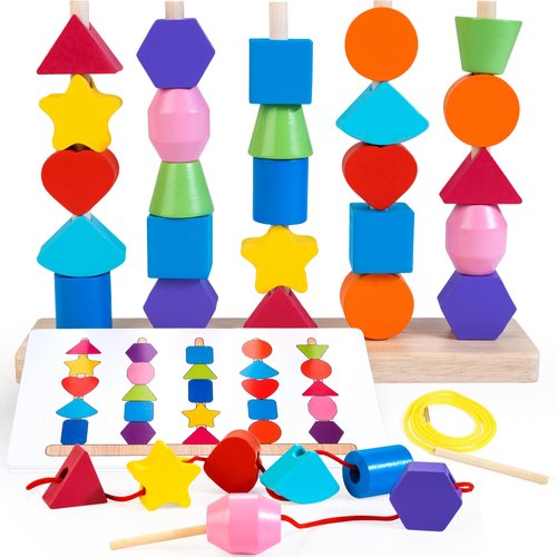 JUSTWOOD Wooden Beads Sequencing Toy Set,Montessori Toys for 3 4 5 Year Old, Lacing Beads & Stacking Block & Matching Shape Stacker,Preschool Learning Toy Gifts for Kids Boy Girl Toddler
