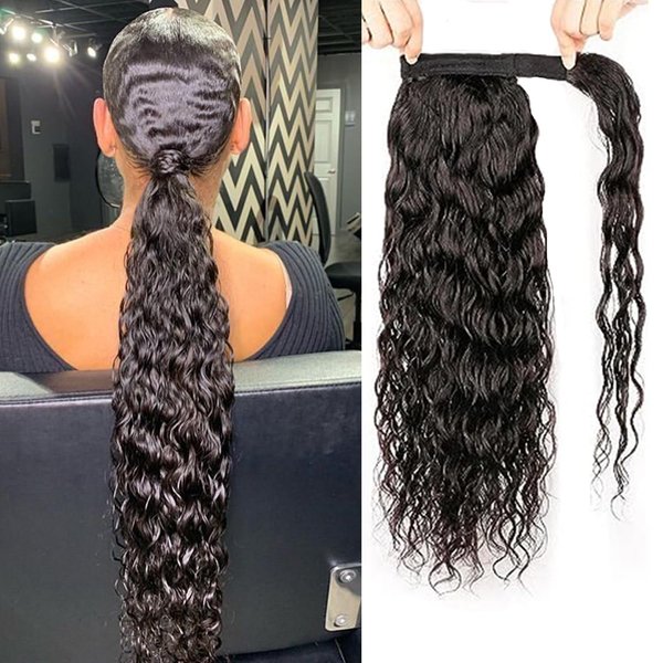 Seelaak Hair Water Wave Ponytail Extensions Human Hair Wrap Around Corn Wave Pony Magic Paste Brazilian Human Hair Extensions for Women Natural Black(16 inch)