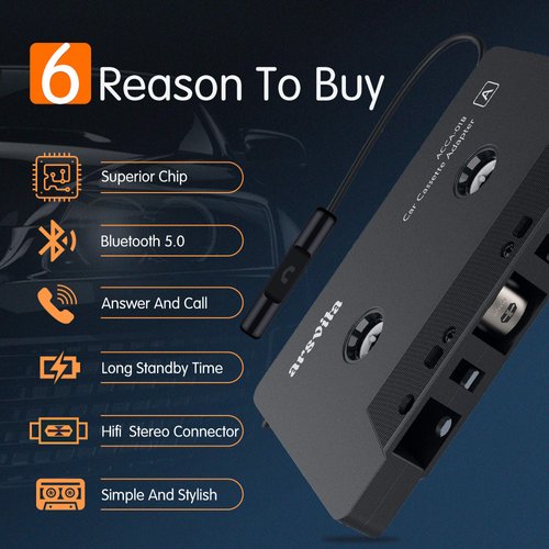Arsvita Car Audio Bluetooth Cassette Receiver, Tape Player Bluetooth 5.0 Cassette Aux Adapter