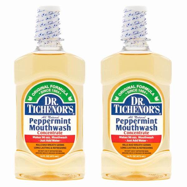 Dr. Tichenor's Peppermint Mouthwash Concentrate - Oral Rinse for Bad Breath and Oral Health with a Minty Punch for Soothing Relief of Minor Sore Throat Irritation - 16 Ounce (Pack of 2)