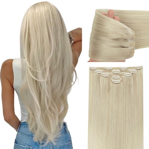 Clip in Hair Extensions Human Hair Straight Platinum Blonde 22 Inch Clip on Hair Extensions Natur...