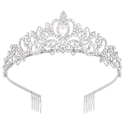 Vofler Crystal Tiara Crown Silver Headband Headpiece Rhinestone Hair Jewelry Decor for Women Ladies Little Girls Bridal Bride Princess Birthday Wedding Pageant Prom Halloween Costume Party with Combs