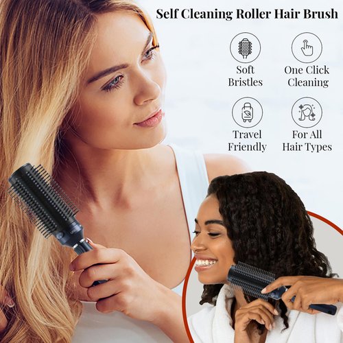 Detangler Brush for Women - Curly Hair Blow Dryer Round Brush for Blow Out - Self Cleaning Roller Retractable Hairbrush for Wet or Dry Womens and Men Navy Blue