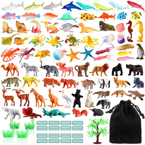 WinnerWhy 105 Pcs Safari Animal Toys Sea Creature Toys Realistic Jungle Animals Figurines Ocean Sea Animal Plastic Animal Learning Toys for Educational Party Cake Cupcake