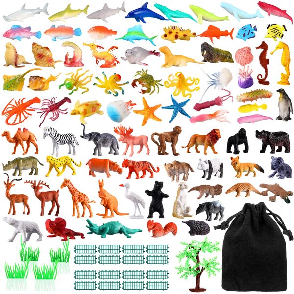 WinnerWhy 105 Pcs Safari Animal Toys Sea Creature Toys Realistic Jungle Animals Figurines Ocean Sea Animal Plastic Animal Learning Toys for Educational Party Cake Cupcake