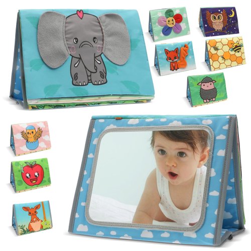 Premium Baby Tummy Time Mirror with Crinkle Books for Babies, Baby Teether Toys, Baby Books 0-6 Months, Tummy Time Toys Developmental Newborn Sensory Toys, Baby Mirror Tummy Time Gift 6-12 Months