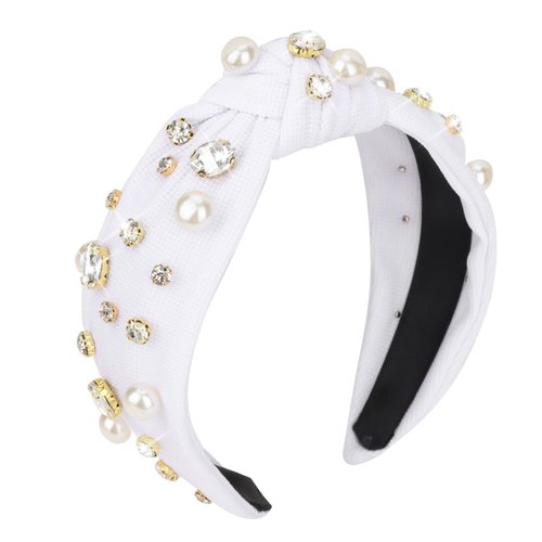 Amariver White Crystal Headbands for Women Pearl Rhinestone Head Band Top Knot Hairbands Comfortable Elastic Hair Band Bling Knotted Headband Fashion Hair Accessories for Women Girls