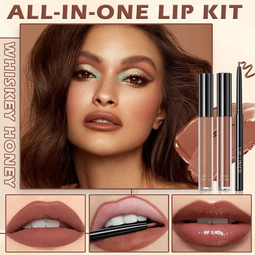 LZXLUKGIR Brown Lip Gloss Lip Liner and Lipstick Combo,3 in 1 Non-Stick Cup Brown Lip Stain Long Lasting Waterproof Liquid Lipstick,Moisturizing Lip Kit for Women（Whiskey Honey）