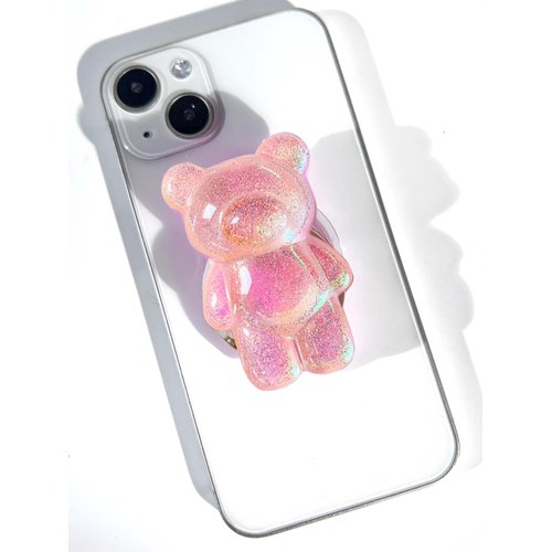 Bear Mobile Phone Grip, Cute and Simple Three-Dimensional Bear, Transparent Folding Elastic iPhone Mobile Phone Holder (Pink)