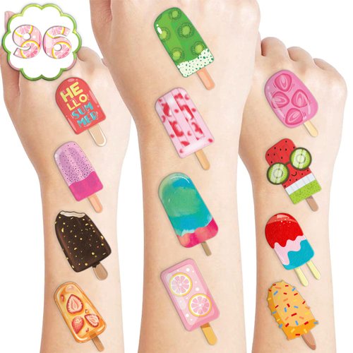 Ice Cream Popsicle Temporary Tattoos Stickers Themed Summer Birthday Party Favors Decorations Supplies 136PCS Colorful Ice Lolly Tattoo Sticker Gifts For Boys Girls School Prizes Carnival Christmas