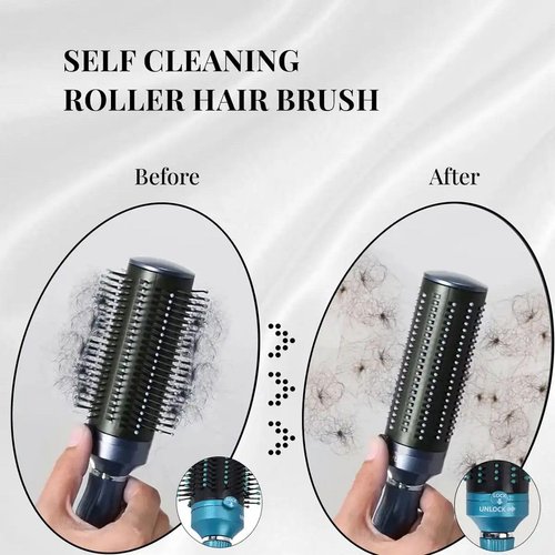 Set of 3 Self Cleaning Hair Brushes for Women Men - Detangler Brush Round Brush for Blow Out - Roller Retractable Hairbrush for Curly Straight Wet or Dry - Navy, Blue & Pink