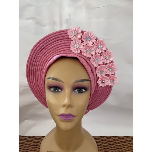 African Headtie Turban Nigerian Aso Oke Muslim Headwear Gele Head Wrap Sego Auto Gele Headties Already Made Women's Headband For Party (Pink)