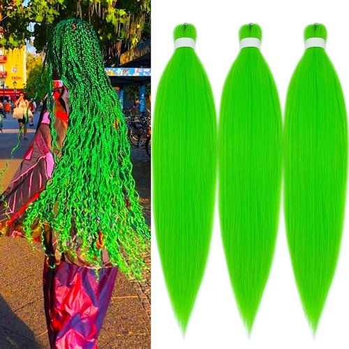 Neon Green Braiding Hair Pre Stretched 26 inch Colored Prestretched Braiding Hair Natural as Human Braiding Hair Extensions for Micro Braids Yaki Synthetic Hair for Braiding (3 Packs)