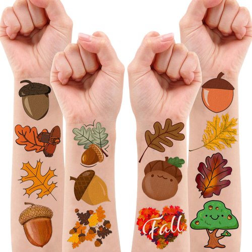 Cute Fall Leaves Temporary Tattoos Oak Birthday Party Decorations Favors Supplies Pinecone Autumn Themed Stickers 10 Sheets 100 PCS Gifts for Baby Kids Girls Boys Decor Class School Carnival Christmas