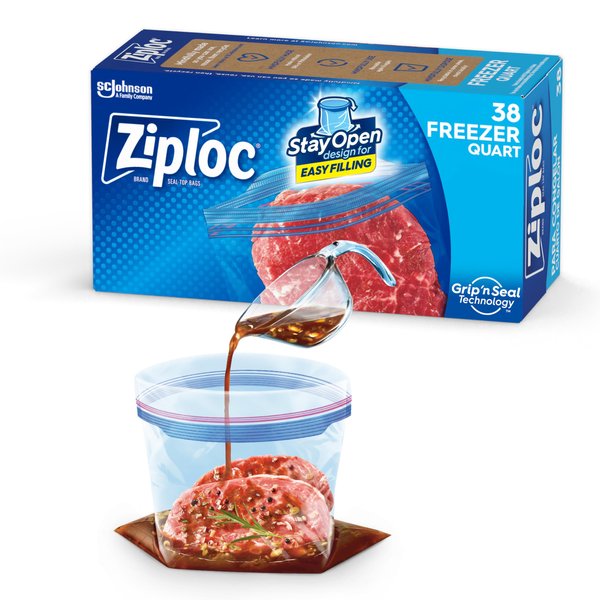 Ziploc Quart Food Storage Freezer Bags, New Stay Open Design with Stand-Up Bottom, Easy to Fill, 38 Count