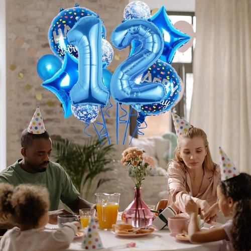 Chaungfu Balloons, 11 pcs Foil Balloons 12 Year Old for 12th Birthday Party Supplies Decoration， Confetti Balloon Kids Years (12th, Blue)