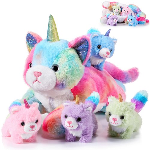 Harrycle 5 Pieces Caticorn Plush Toy Set 16 Inch Mommy Cat Unicorn Stuffed Animal with 4 Cute Plu...
