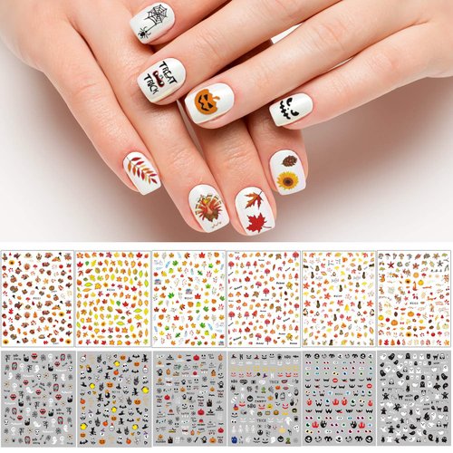 Adurself 1000+ Patterns Halloween and Autumn Fall Nail Art Decals Pumpkin Maple Leaves Nail Self-Adhesive Stickers Spider Web Bat for Women Girls Nail Design Manicure Happy Halloween Thanksgiving Day